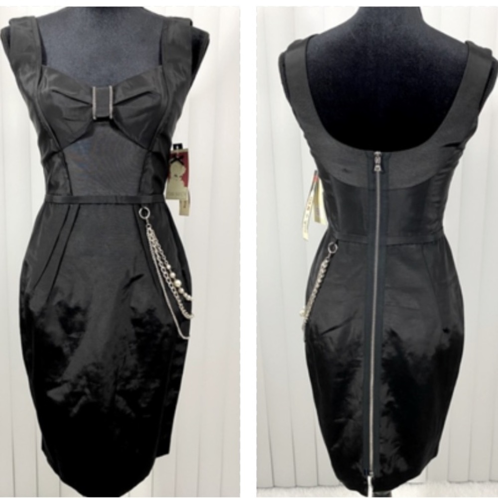 YOANA BARASCHI Anthropologie Black Bow Chain Sheath Dress Sleeveless Zip Up XS